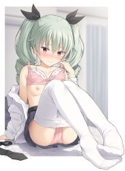 Rule 34 | 10s, 1girl, anchovy (girls und panzer), ass, bare shoulders, bed sheet, belt, black bow, black neckwear, blue skirt, blush, bow, bra, bra lift, breasts, collarbone, drill hair, embarrassed, feet, girls und panzer, green hair, hair bow, highres, indoors, long hair, long sleeves, looking at viewer, mikazuchi zeus, nipples, no neckwear, no shoes, nose blush, on bed, open clothes, open shirt, panties, pantyhose, pink bra, pink panties, pleated skirt, red eyes, shirt, sitting, skirt, small breasts, smile, twintails, underwear, white pantyhose, white shirt