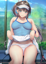 Rule 34 | 1girl, black hair, blue eyes, bow, breasts, chain-link fence, clothes lift, fence, frilled panties, frills, gentsuki, highres, lifting own clothes, long hair, looking at viewer, outdoors, panties, pleated skirt, ponytail, racket, sitting, skirt, skirt lift, solo, sportswear, tennis, tennis court, tennis racket, underwear, visor cap, white panties, white skirt