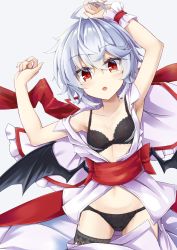 Rule 34 | 1girl, :o, ahoge, akisome hatsuka, armpits, arms up, bat wings, black bra, black panties, black thighhighs, blue hair, bra, breasts, commentary request, cowboy shot, grey background, hair between eyes, head tilt, lace, lace-trimmed legwear, lace trim, light blush, looking at viewer, lying, no headwear, on back, on bed, open clothes, open shirt, panties, parted lips, pink shirt, pink skirt, red eyes, remilia scarlet, sash, shirt, short hair, short sleeves, simple background, skirt, unworn skirt, slit pupils, small breasts, solo, thighhighs, touhou, underwear, wings, wrist cuffs