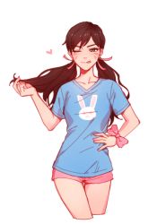 Rule 34 | 1girl, ;q, alternate hairstyle, animal print, artist name, bad id, bad pixiv id, blue shirt, blush, brown eyes, brown hair, collarbone, cowboy shot, cropped legs, d.va (overwatch), ecila, facepaint, facial mark, fingernails, hair ribbon, twirling hair, hand on own hip, legs together, licking lips, long fingernails, long hair, looking at viewer, nail polish, one eye closed, overwatch, overwatch 1, pink nails, pink ribbon, rabbit print, ribbon, shirt, short shorts, short sleeves, shorts, simple background, smile, solo, standing, thigh gap, tongue, tongue out, whisker markings, white background