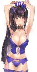 Rule 34 | 1girl, armpits, arms behind head, arms up, bad id, bad pixiv id, black hair, blue bra, blue panties, blue thighhighs, blunt bangs, blush, bow, bra, breasts, bridal garter, cleavage, closed mouth, collar, collarbone, commentary, cowboy shot, dore (gilles dore), fingernails, garter straps, gluteal fold, groin, hair in own mouth, hair ornament, highres, large breasts, lock, long hair, looking at viewer, mouth hold, nail polish, navel, original, padlock, padlocked collar, panties, purple eyes, purple nails, ribbon, sidelocks, smile, solo, standing, stomach, thighhighs, underwear, very long hair