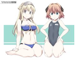 Rule 34 | 2girls, bad id, bad twitter id, bikini, black one-piece swimsuit, blonde hair, blue bikini, breasts, character name, choker, cleavage, competition swimsuit, double bun, flat chest, fletcher (kancolle), full body, gloves, hachijou (kancolle), hair bun, hair ribbon, hands on own hips, hip bones, japanese flag, kantai collection, large breasts, long hair, multiple girls, name tag, one-piece swimsuit, open mouth, orange hair, ribbon, seiza, shigino sohuzi, short hair, simple background, sitting, smile, star (symbol), swimsuit, thighs, white gloves
