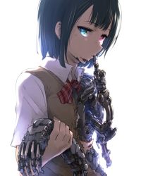 Rule 34 | 1girl, absurdres, android, black hair, blue eyes, bow, bowtie, commentary request, damaged, extra arms, finger to mouth, heterochromia, highres, index finger raised, ishiyumi, joints, looking at viewer, mechanical parts, medium hair, original, red eyes, robot joints, school uniform, shushing, solo, white background