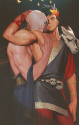 Rule 34 | 2boys, ancient greek clothes, animal skull, bara, black hair, closed mouth, couple, curtained hair, greco-roman clothes, hades (series), hades 1, highres, hug, hug from behind, laurel crown, looking at another, male focus, multiple boys, muscular, muscular male, penguin frontier, petals, short hair, single bare shoulder, sweat, thanatos (hades), white hair, yaoi, zagreus (hades)