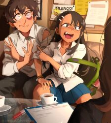 Rule 34 | 1boy, 1girl, absurdres, angry, black hair, blood, blue skirt, bracelet, broken eyewear, brown hair, bruise, bruised eye, clipboard, closed mouth, domestic violence, glasses, hachiouji naoto, highres, ijiranaide nagatoro-san, injury, jewelry, khyle., long hair, nagatoro hayase, open mouth, pointing, pointing at another, pregnancy test, school uniform, shirt, skirt, spanish text, speedy gonzales, table, wavy mouth, white shirt