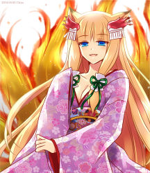 Rule 34 | 1girl, animal ears, bad id, bad pixiv id, blue eyes, breasts, brown hair, chisa, cleavage, fox ears, hair over one eye, japanese clothes, kimono, long hair, mitsuki (p&amp;d), open mouth, puzzle &amp; dragons, smile, solo, very long hair