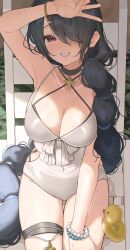 Rule 34 | 1girl, bibi (user egtz4573), bikini, black hair, blue archive, blush, braid, breasts, casual one-piece swimsuit, cleavage, flower, hair over one eye, halo, hat, highres, hinata (blue archive), hinata (swimsuit) (blue archive), large breasts, long hair, looking at viewer, navel, official alternate costume, one-piece swimsuit, red eyes, solo, swimsuit, thighs, very long hair, white one-piece swimsuit