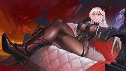 Rule 34 | 1girl, absurdly long hair, aegir (azur lane), asymmetrical footwear, azur lane, bare shoulders, black gloves, bodystocking, boots, breast curtains, covered erect nipples, cross, cross-laced clothes, cross earrings, crossed legs, demon horns, earrings, elbow gloves, gloves, high heels, highres, horns, impossible clothes, iron cross, jewelry, knee boots, long hair, robot dragon, multicolored hair, nero (nilu), non-humanoid robot, orange eyes, red hair, robot, robot animal, single knee boot, sitting, solo, streaked hair, two-tone hair, underbust, very long hair, white hair, yellow eyes
