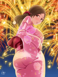 Rule 34 | 1girl, aerial fireworks, ass, breasts, brown eyes, brown hair, fireworks, floral print, from behind, from below, highres, island lagoon, japanese clothes, kimono, large breasts, long hair, night, night sky, obi, original, pink kimono, print kimono, sash, sky, solo, wide sleeves, yukata