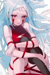 Rule 34 | 1girl, bare shoulders, black thighhighs, closed mouth, destiny child, dress, eyelashes, facial mark, film grain, grey background, highres, keino (destiny child), long eyelashes, long hair, looking at viewer, red dress, red eyes, red lips, red ribbon, ribbon, simple background, skindentation, solo, squatting, thighhighs, torn, torn clothes, torn dress, white hair, yurika48597221