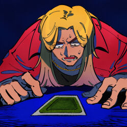 Rule 34 | 1boy, absurdres, bags under eyes, black eyes, black shirt, blonde hair, blue background, card, chain, chain necklace, commentary request, fingernails, highres, inudori, jacket, jewelry, kaiji, kitami (kaiji), leaning forward, long hair, looking down, male focus, medium bangs, necklace, open mouth, parted bangs, playing card, red jacket, shirt, solo, sweat, teeth, upper body, v-shaped eyebrows