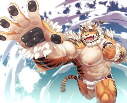 Rule 34 | 1boy, abs, ahoge, animal ears, bara, bare pectorals, belly, blue eyes, bulge, chest tattoo, feet out of frame, fingernails, foreshortening, forked eyebrows, furry, furry male, fute (mti777), hand on own chest, highres, hombre tigre (housamo), large pectorals, male focus, male swimwear, muscular, navel, nipples, one eye closed, open hand, pectorals, sharp fingernails, short hair, smile, solo, swim briefs, swimsuit, tail, tattoo, thick eyebrows, thick thighs, thighs, tiger boy, tiger ears, tiger tail, tokyo houkago summoners, white hair, white male swimwear, white swim briefs