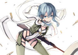 Rule 34 | 1girl, 54cr, bent over, black gloves, black shorts, blue eyes, blue hair, breasts, bullet, cleavage, closed mouth, fingerless gloves, floating hair, floating scarf, garter straps, gloves, green jacket, green thighhighs, gun, hair between eyes, hair ornament, hairclip, highleg, highleg leotard, holding, holding gun, holding weapon, index finger raised, jacket, leotard, looking at viewer, micro shorts, open clothes, open jacket, rifle, scarf, short hair with long locks, shorts, sidelocks, simple background, sinon, small breasts, solo, standing, sword art online, thigh strap, thighhighs, weapon, white background, white leotard, white scarf