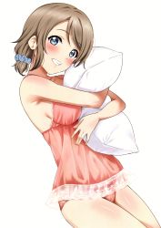 Rule 34 | 1girl, absurdres, between breasts, blue eyes, blue scrunchie, blush, breasts, brown hair, camisole, cowboy shot, dutch angle, grin, hair ornament, hair scrunchie, head tilt, highres, lace trim, looking at viewer, love live!, love live! sunshine!!, medium breasts, hugging object, panties, pillow, pillow hug, pink panties, sankuro (agoitei), scan, scrunchie, short hair, short ponytail, simple background, smile, solo, swept bangs, underwear, underwear only, watanabe you, white background