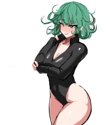 Rule 34 | 1girl, 9is, absurdres, adapted costume, ass, bare legs, bent over, blush, breast press, curly hair, curvy, green eyes, green hair, highleg, highleg leotard, highres, leotard, long sleeves, looking to the side, one-punch man, open mouth, shiny clothes, shiny skin, short hair, simple background, smile, solo, tatsumaki, thick thighs, thighs, wide hips