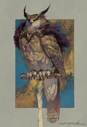 Rule 34 | animal, animal focus, artist name, beak, bird, border, cape, cape clasp, claws, commentary, full body, highres, looking at viewer, murayama ryota, no humans, one-eyed, original, outside border, owl, perching, purple cape, scar, scar across eye, signature, solo, tail, talons, tassel, wings, yellow border, yellow eyes