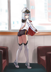 Rule 34 | 1girl, absurdres, azur lane, blue eyes, boots, breasts, capelet, carpet, closed mouth, earrings, fur trim, gloves, hair between eyes, hat, highres, jewelry, large breasts, long sleeves, looking at viewer, military, military uniform, peaked cap, short hair, silver hair, skirt, solo, the hermit, thighhighs, tirpitz (azur lane), uniform, wall, white footwear, white gloves, window, windowsill, wooden wall