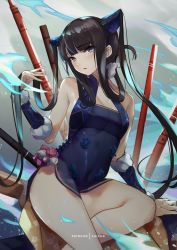 Rule 34 | 1girl, bare shoulders, black dress, blue eyes, blunt bangs, blush, breasts, china dress, chinese clothes, cleavage, detached sleeves, dress, faicha, fate/grand order, fate (series), grey background, hair ornament, highres, long hair, looking at viewer, medium breasts, purple hair, sidelocks, sitting, solo, thighs, twintails, very long hair, yang guifei (fate), yang guifei (second ascension) (fate)
