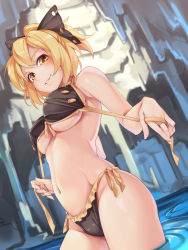 Rule 34 | 1girl, adapted costume, asutora, bare arms, bare legs, bare shoulders, bikini, black bikini, black bow, blonde hair, blush, bow, breasts, cowboy shot, frilled bikini, frills, groin, hair bow, highres, kurodani yamame, large breasts, looking at viewer, navel, parted lips, partially submerged, ponytail, red pupils, seductive smile, short hair, side-tie bikini bottom, smile, solo, stomach, strap pull, swimsuit, touhou, underboob, untied bikini, wading, water, yellow eyes