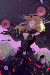 Rule 34 | 1girl, absurdres, ahoge, black gloves, black legwear, blonde hair, bracelet, breasts, cape, circlet, cleavage, colored eyelashes, commentary request, cowlick, dress, flower, gem, gloves, grin, highres, isabeau de baviere (madoka magica), jewelry, long dress, long hair, magia record: mahou shoujo madoka magica gaiden, mahou shoujo madoka magica, mahou shoujo tart magica, medium breasts, messy hair, necklace, purple flower, purple rose, queen, red eyes, ring, rose, smile, solo, strapless, strapless dress, tall female, un nm5sy, wavy hair