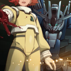 Rule 34 | 1girl, aqua eyes, blood, blood on clothes, blood on hands, commentary request, gundam, gundam aerial rebuild, gundam suisei no majo, head out of frame, mecha, mobile suit, pilot suit, red hair, robot, sanada ikki, smile, suletta mercury, upper body, v-fin