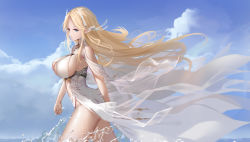 Rule 34 | 1girl, absurdres, azur lane, blonde hair, blue eyes, blue sky, breasts, brest (azur lane), chinese commentary, clothing cutout, cloud, cloudy sky, dress, from side, highleg, highleg panties, highres, huge breasts, huijin zhi ling, leotard, long dress, long hair, panties, pointy ears, revealing clothes, see-through, sky, sleeveless, sleeveless dress, solo, underboob cutout, underwear, very long hair, walking, water, white dress, white leotard, wings