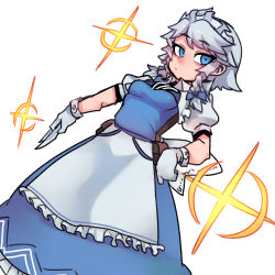 Rule 34 | 1girl, apron, between fingers, blue bow, blue dress, blue eyes, bow, braid, breasts, commentary, cowboy shot, dress, dutch angle, frilled apron, frills, gloves, hair bow, hand on own hip, highres, holding, holding knife, holding weapon, izayoi sakuya, knife, knives between fingers, looking at viewer, maid, maid apron, maid headdress, nyong nyong, petticoat, pouch, puffy short sleeves, puffy sleeves, shirt, short hair, short sleeves, silver hair, simple background, small breasts, solo, sparkle, standing, touhou, twin braids, waist apron, weapon, white apron, white background, white gloves, white shirt, wing collar