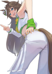 Rule 34 | 1girl, amepa (ame pinecandy), animal ears, brown hair, green eyes, hand on own hip, hat, highres, horse ears, horse girl, horse tail, long hair, looking at viewer, looking back, mini hat, mini top hat, mr. c.b. (umamusume), open mouth, pants, smile, solo, tail, top hat, umamusume, white pants
