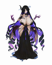 Rule 34 | 1girl, absurdres, black dress, black hair, blue eyes, breasts, broken horn, brown dust 2, colored inner hair, curly hair, demon girl, demon horns, dress, eclipse (brown dust 2), finger to mouth, full body, groin, hair over one eye, hayaa, highres, horns, huge breasts, long hair, multicolored hair, nail polish, no panties, purple hair, seductive smile, side slit, simple background, smile, solo, thick thighs, thighs, very long hair, white background