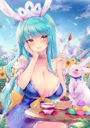 Rule 34 | 1girl, absurdres, animal, animal ears, aqua hair, arm garter, artist name, bare shoulders, blue dress, blue neckwear, blue sky, blush, bow, bowtie, breasts, cake, cake slice, choker, cleavage, closed mouth, cloud, cloudy sky, coffee, coffee cup, collarbone, cup, daefny, day, disposable cup, dress, eyelashes, flower, food, fork, frilled choker, frilled skirt, frills, fruit, hair between eyes, hand on own cheek, hand on own face, highres, holding, holding fork, house, large breasts, leaf, long hair, looking away, macaron, neck ribbon, original, outdoors, plate, rabbit, ribbon, sash, short dress, sidelocks, skirt, sky, smile, solo, strawberry, strawberry shortcake, sunflower, table, very long hair, white choker, yellow bow, yellow eyes, yellow ribbon