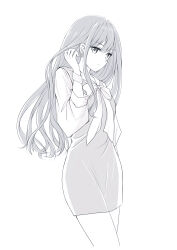 Rule 34 | 1girl, bow, bowtie, closed mouth, commentary request, dress, earrings, greyscale, hand up, highres, inoue takina, jewelry, long hair, long sleeves, looking at viewer, lycoris recoil, misuzu (iridescence), monochrome, sleeves past elbows, smile, solo, white background