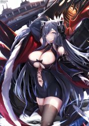 Rule 34 | 1girl, animal ears, arm up, august von parseval (azur lane), azur lane, bare shoulders, black dress, blue hair, breasts, brown thighhighs, clothing cutout, commentary request, cowboy shot, detached sleeves, dress, fake animal ears, gloves, hair over one eye, highres, horns, large breasts, long hair, long sleeves, looking at viewer, mechanical horns, midriff, navel, nekoya (liu), non-humanoid robot, parted lips, purple eyes, revision, robot, robot dragon, short dress, signature, solo, standing, thighhighs, twitter username, very long hair, white gloves