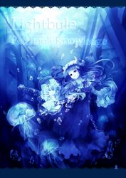 Rule 34 | 1girl, blue theme, book, bubble, crescent, embellished costume, english text, engrish text, female focus, fish, hanada hyou, hat, highres, jellyfish, light smile, long hair, patchouli knowledge, ranguage, solo, touhou, underwater
