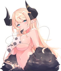 Rule 34 | 1girl, absurdres, animal print, bikini, bikini top only, blonde hair, blue eyes, breasts, commentary, cow print, demon girl, demon horns, demon tail, highres, hololive, horns, large breasts, liyaku, long hair, looking at viewer, navel, pointy ears, simple background, solo, swimsuit, tail, virtual youtuber, white background, yuzuki choco