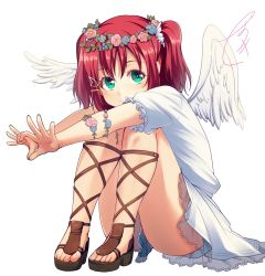 Rule 34 | 1girl, angel wings, aqua eyes, cross-laced footwear, feathered wings, feet, frilled sleeves, frills, hair ornament, hairpin, head wreath, highres, knees up, kurosawa ruby, love live!, love live! school idol festival, love live! sunshine!!, nanotsuki, one side up, red hair, sandals, signature, simple background, sitting, skirt, smile, solo, toes, white background, white wings, wing hair ornament, wings