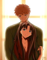 Rule 34 | 1boy, 1girl, backlighting, blue eyes, blurry, blurry background, breasts, brown eyes, brown hair, cleavage, closed mouth, collarbone, collared shirt, couple, curtains, dress shirt, emiya shirou, fate/stay night, fate (series), green kimono, hair between eyes, hair intakes, highres, hug, hug from behind, indoors, japanese clothes, kimono, long hair, looking at viewer, medium breasts, open clothes, open shirt, parted lips, partially unbuttoned, red shirt, rna (angel-smelter), shirt, smile, spiked hair, tohsaka rin, upper body, very long hair, wing collar