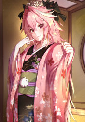 Rule 34 | 1boy, astolfo (fate), astolfo (the princess&#039; pilgrimage) (fate), black bow, black kimono, black ribbon, blush, bow, commentary request, fang, fate/apocrypha, fate/grand order, fate (series), fingernails, floral print, flower, hair down, hair intakes, hair ribbon, head wreath, highres, japanese clothes, kimono, long fingernails, long hair, long sleeves, looking at viewer, male focus, multicolored hair, nail polish, obi, official alternate costume, pink eyes, pink hair, pink kimono, pink nails, pinky out, ribbon, sash, skin fang, solo, streaked hair, takatun223, trap, very long hair, wide sleeves, yukata