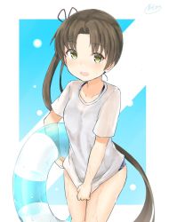 Rule 34 | 10s, 1girl, alternate costume, ayanami (kancolle), azuhira, blush, brown hair, brown ribbon, collarbone, cowboy shot, eyebrows, hair intakes, hair ribbon, holding, innertube, kantai collection, lifebuoy, long hair, looking at viewer, multicolored background, open mouth, ponytail, ribbon, school swimsuit, shirt, short sleeves, signature, skirt, skirt tug, solo, sweatdrop, swim ring, swimsuit, two-tone background, very long hair, wet, wet clothes, wet shirt, yellow eyes