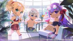 Rule 34 | 1boy, 2girls, :d, alternate costume, anklet, arm at side, bare shoulders, bb (fate), bikini, black bikini, blonde hair, blue eyes, blue male swimwear, blue towel, blurry, bracelet, braid, chair, chibi, closed mouth, cocktail, company name, copyright name, copyright notice, cup, depth of field, drink, drinking glass, drinking straw, eyewear on head, fate/grand order, fate (series), flower, flower in drink, food, fruit, gradient-tinted eyewear, green eyes, grey-framed eyewear, hair ornament, hair ribbon, hair scrunchie, hand on own hip, hand up, hands up, hibiscus, holding, holding cup, holding drink, holding towel, hurricane glass, indoors, jewelry, light blush, light rays, long hair, looking at viewer, looking back, looking to the side, lounge chair, male swimwear, mordred (fate), multiple girls, off-shoulder bikini, off shoulder, official art, on chair, one eye closed, open mouth, orange (fruit), orange slice, parted bangs, percival (fate), plant, ponytail, pool, pool ladder, poolside, potted plant, print sarong, purple eyes, purple hair, red bikini, red footwear, red ribbon, red sarong, red scrunchie, ribbon, sandals, sarong, scrunchie, short hair, side-tie bikini bottom, sitting, sitting on hair, smile, sports bikini, star (symbol), sunbeam, sunglasses, sunlight, swim trunks, swimsuit, taa (acid), topless male, towel, towel around neck, very long hair, walking, water, water drop, white flower, white hair