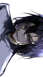 Rule 34 | 1boy, bungou stray dogs, fyodor dostoyevsky (bungou stray dogs), hair between eyes, highres, looking at viewer, lower teeth only, male focus, open mouth, portrait, purple eyes, purple hair, shirt, short hair, simple background, smile, solo, sweat, sweatdrop, teeth, v-shaped eyebrows, white background, white shirt, ya ta