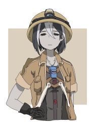 Rule 34 | 1girl, black gloves, black hair, brown background, brown jacket, closed mouth, commentary request, gloves, hand on own hip, highres, jacket, jitome, looking at viewer, made in abyss, multicolored hair, open clothes, open jacket, ozen, pouch, servomotorr, short hair, short sleeves, simple background, solo, two-tone hair, upper body, whistle, white hair, aged down
