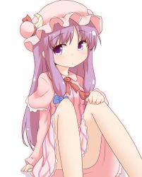 Rule 34 | 1girl, bow, dress, expressionless, hair bow, hat, mob cap, natsu no koucha, patchouli knowledge, purple eyes, purple hair, simple background, sitting, solo, striped clothes, striped dress, touhou, white background