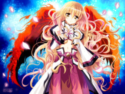 Rule 34 | 1girl, belt, blonde hair, cherry blossoms, fiery wings, flat chest, highres, kanna (plum), long hair, looking at viewer, lyrical nanoha, mahou shoujo lyrical nanoha, mahou shoujo lyrical nanoha a&#039;s, mahou shoujo lyrical nanoha a&#039;s portable: the gears of destiny, midriff, navel, solo, yuri eberwein, unbreakable darkness, very long hair, wide sleeves, wings, yellow eyes