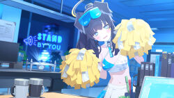 Rule 34 | 1girl, animal ears, bare arms, bare shoulders, black hair, blue archive, blue eyes, book, breasts, cheerleader, cleavage, crop top, cup, embarrassed, facial mark, game cg, goggles, goggles on head, halo, hibiki (blue archive), hibiki (cheer squad) (blue archive), highres, large breasts, long hair, looking at viewer, midriff, millennium cheerleader outfit (blue archive), miniskirt, mug, navel, non-web source, official alternate costume, official art, pleated skirt, pom pom (cheerleading), ponytail, simple background, skirt, solo, star (symbol), stomach, upper body, white background, white skirt