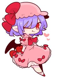 Rule 34 | 1girl, ascot, bat wings, bow, dress, fang, frilled shirt, frilled shirt collar, frilled sleeves, frills, hat, hat ribbon, highres, light purple hair, mob cap, one eye closed, op na yarou, pink dress, pink hat, puffy short sleeves, puffy sleeves, purple hair, red ascot, red bow, red eyes, red footwear, red ribbon, remilia scarlet, ribbon, sash, shirt, short hair, short sleeves, simple background, smile, solo, touhou, white background, wings, wrist cuffs