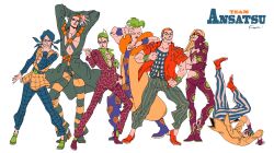 Rule 34 | 6+boys, belt, blonde hair, blue hair, boots, commentary request, eye mask, formaggio, formal, ghiaccio, gloves, green footwear, green hair, green pants, green shirt, illuso, jacket, jojo no kimyou na bouken, kotteri, long hair, looking at viewer, looking to the side, male focus, melone, multiple boys, orange hair, pants, pesci, prosciutto, purple gloves, purple jacket, purple pants, quad tails, red footwear, risotto nero, shirt, short hair, smile, striped clothes, striped pants, suit, upside-down, vento aureo, vertical-striped clothes, vertical-striped pants, wristband