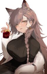 Rule 34 | 1girl, absurdres, alcohol, animal ears, arknights, black sweater, braid, brown hair, commentary request, cup, drinking glass, earrings, extra ears, hair ornament, highres, holding, holding cup, jacket, jewelry, long hair, looking at viewer, mole, mole above eye, nekomatamago, official alternate costume, open mouth, penance (arknights), penance (occasionally flushed) (arknights), single braid, single off shoulder, solo, sweater, turtleneck, turtleneck sweater, upper body, whiskey, white jacket, wolf ears, wolf girl, yellow eyes