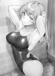 Rule 34 | 1girl, armpits, arms behind head, ass, bathroom, blush, breasts, breasts apart, character request, collarbone, commentary request, competition swimsuit, copyright request, from side, gentsuki, greyscale, highres, large breasts, looking at viewer, looking to the side, monochrome, one-piece swimsuit, original, shower (place), shower curtain, showering, solo, swimsuit, tile wall, tiles, twintails, water drop, wet, wet hair