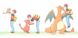 Rule 34 | 1boy, backpack, bad id, bad pixiv id, bag, baseball cap, bent over, blue pants, brown hair, charizard, charmander, charmeleon, closed eyes, commentary request, creatures (company), evolutionary line, fire, flame-tipped tail, game freak, gen 1 pokemon, hat, holding, holding pokemon, jacket, male focus, nintendo, open mouth, pants, pokemon, pokemon (creature), pokemon frlg, pumpkinpan, red (pokemon), red headwear, shoes, short hair, short sleeves, smile, spiked hair, standing, yellow bag