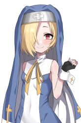 Rule 34 | 1girl, bare shoulders, black gloves, blonde hair, blue dress, blush, bridget (guilty gear) (cosplay), closed mouth, cosplay, covered navel, cross, dress, fingerless gloves, gloves, guilty gear, habit, hair over one eye, halulu, hand up, highres, idolmaster, idolmaster cinderella girls, idolmaster cinderella girls starlight stage, looking at viewer, neck ribbon, red eyes, ribbon, shirasaka koume, short hair, simple background, sleeveless, sleeveless dress, smile, solo, white background, wrist cuffs, yellow ribbon